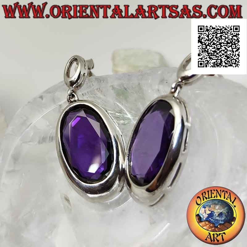 Pendientes lóbulos de plata con gran amatista sintética ovalada facetada con alambre de borde liso