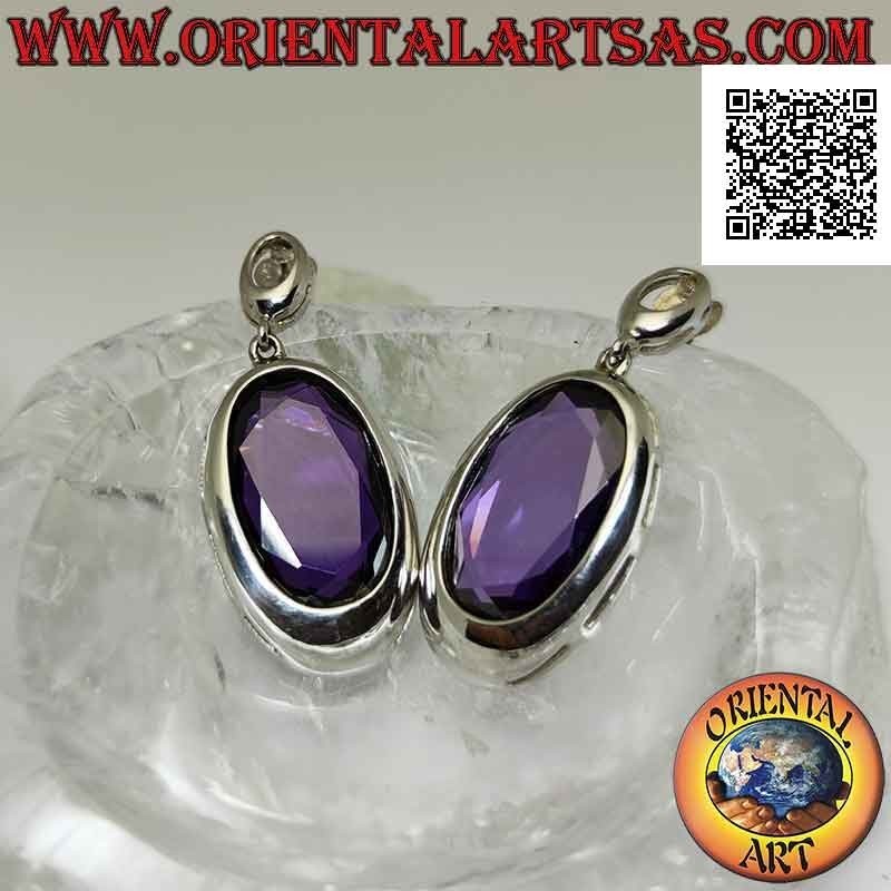 Silver lobe earrings with large oval synthetic amethyst faceted with smooth edge wire
