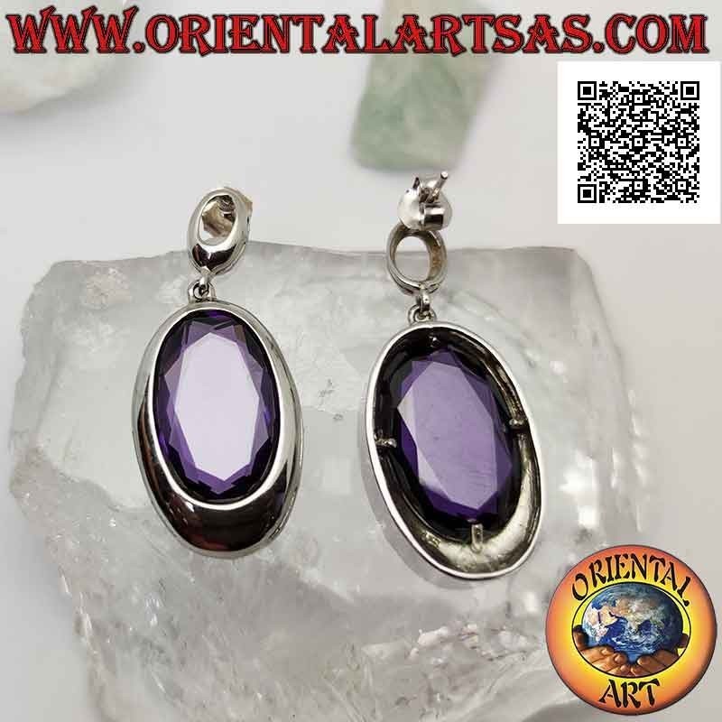 Pendientes lóbulos de plata con gran amatista sintética ovalada facetada con alambre de borde liso
