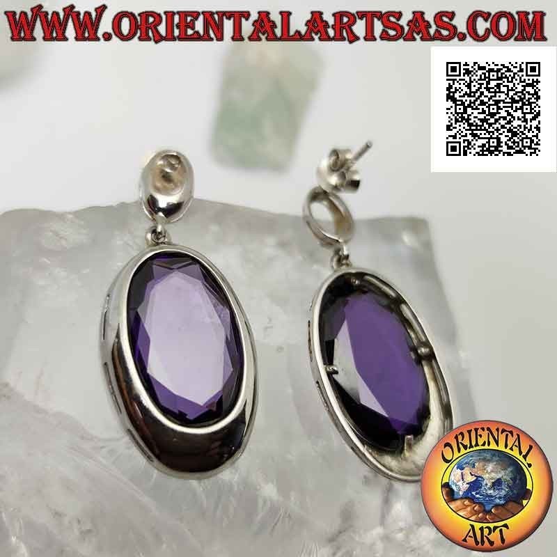 Boucles d'oreilles lobe en argent avec grande améthyste synthétique ovale facettée avec fil à bord lisse