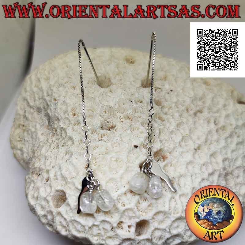 Boucles d'oreilles chaîne en argent avec barre droite et corne et deux cristaux de roche suspendus