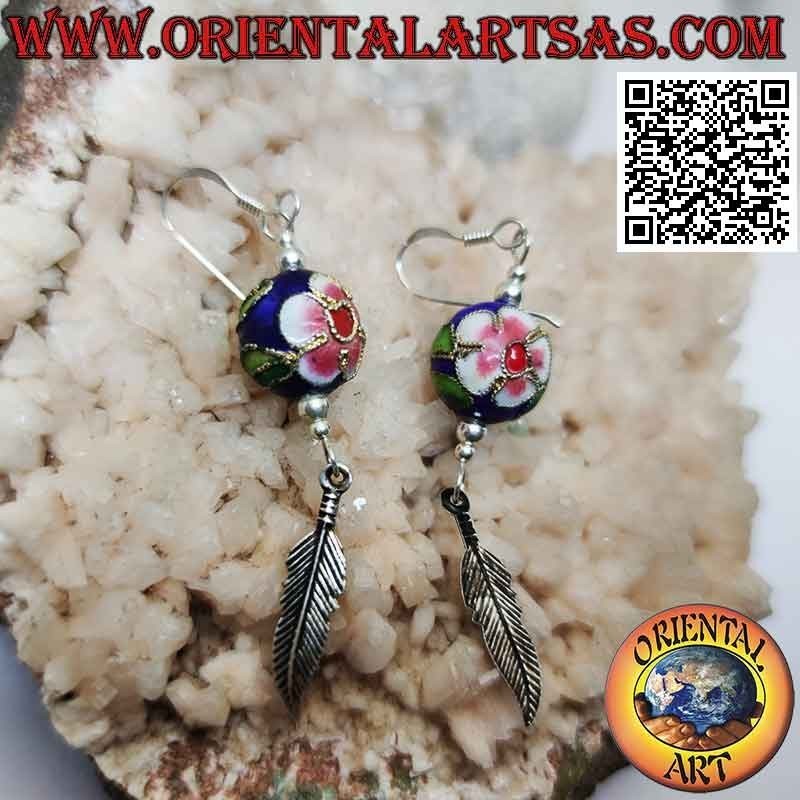 Silver leverback earrings with fire-enamelled sphere and pendant feather