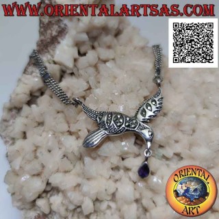 Halskette in 925 ‰ Silber, Paar Ketten mit zentraler Schwalbe besetzt mit Markasit und Amethysttropfen