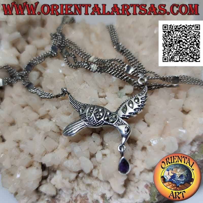 Halskette in 925 ‰ Silber, Paar Ketten mit zentraler Schwalbe besetzt mit Markasit und Amethysttropfen