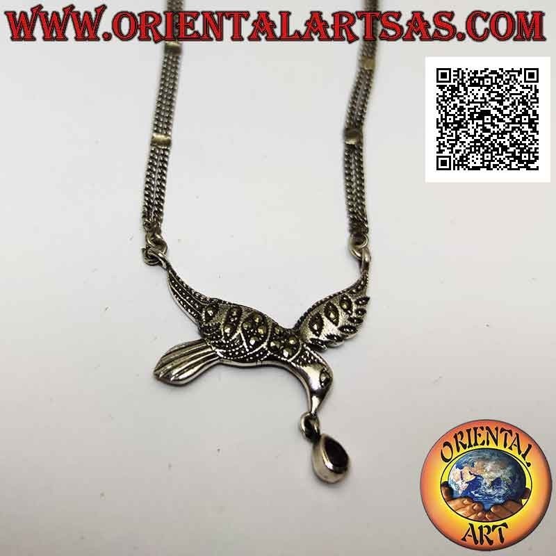 Collana in argento 925 ‰ coppia di catenine con rondine centrale tempestata di marcassite e goccia di ametista