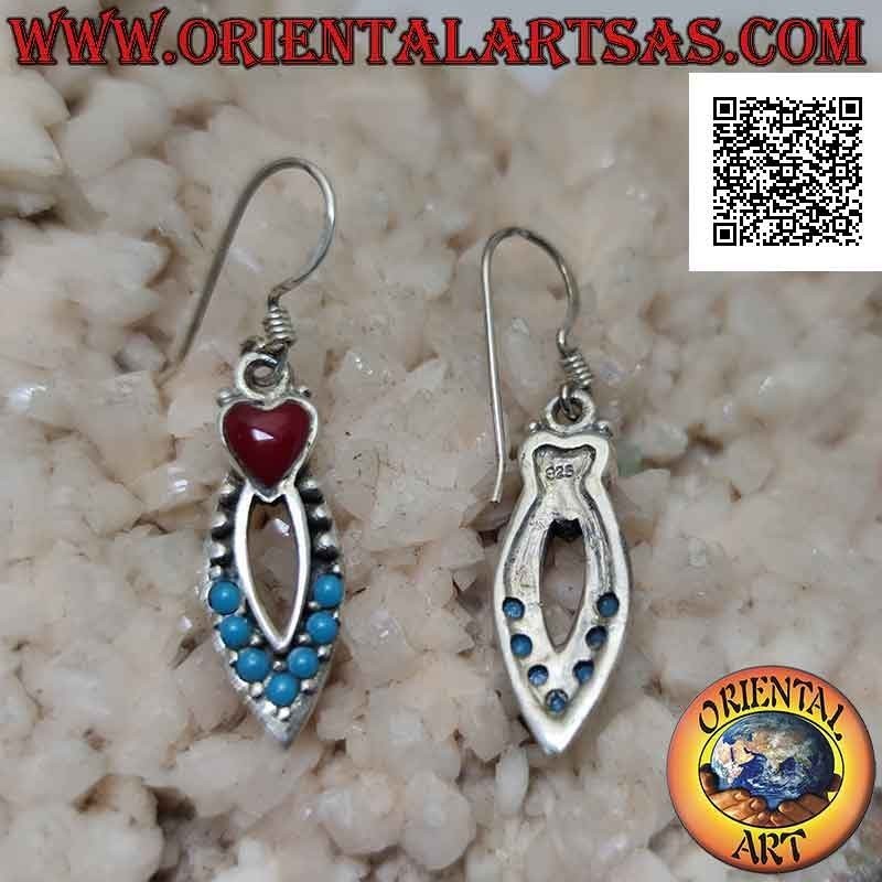 Pendientes lanzadera de plata de turquesas y bolas de plata con corazón de coral en la parte superior
