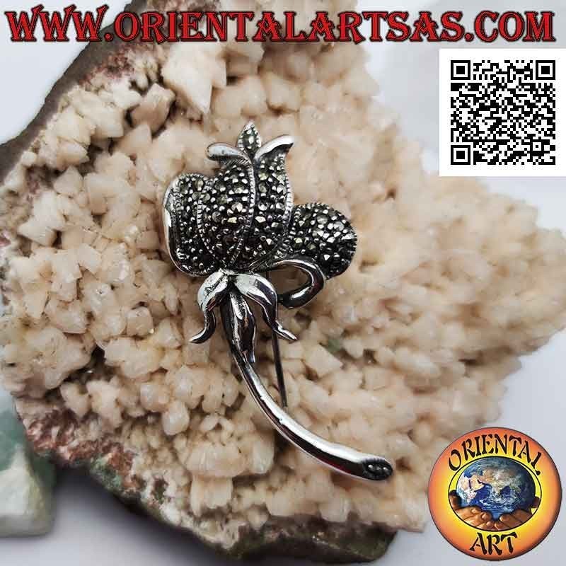 Broche tulipe en argent 925 ‰ sertie de marcassite