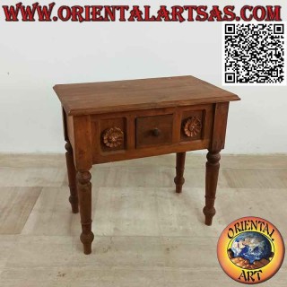 Tavolino etnico con cassetto tra girasoli in rilievo in legno di teak