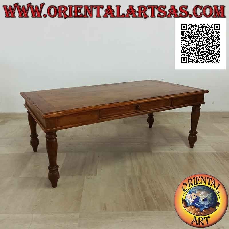 Tavolo rettangolare basso da salotto con piedi tondi e cassetto in legno di teak