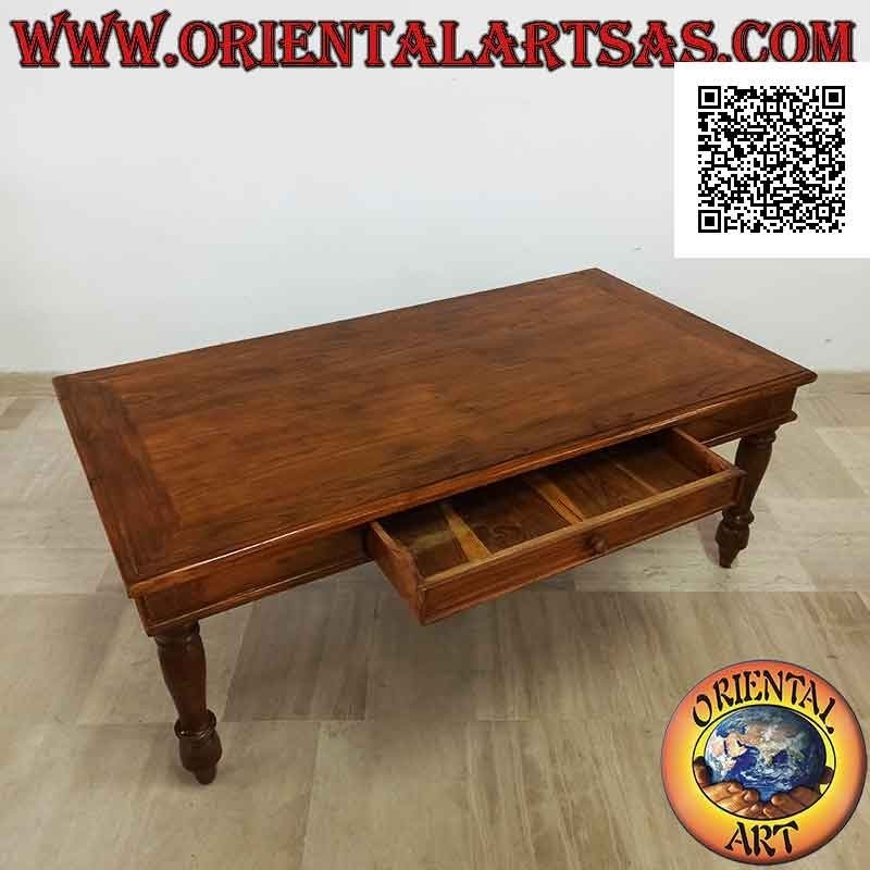 Table basse de salon rectangulaire avec pieds ronds et tiroir en bois de teck