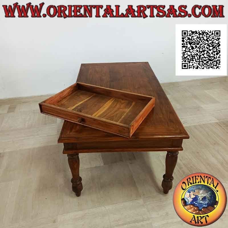 Mesa de salón baja rectangular con patas redondas y cajón en madera de teca