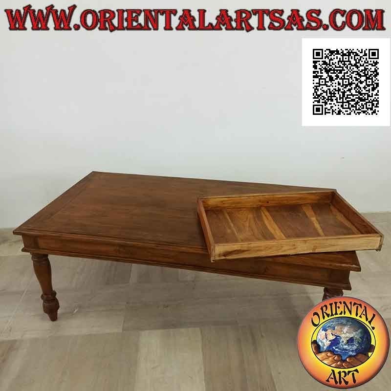 Mesa de salón baja rectangular con patas redondas y cajón en madera de teca