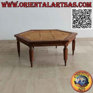 Low hexagonal coffee table in teak wood and bamboo center