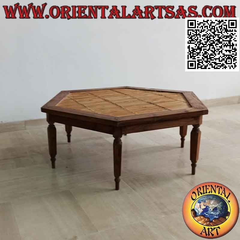 Low hexagonal coffee table in teak wood and bamboo center