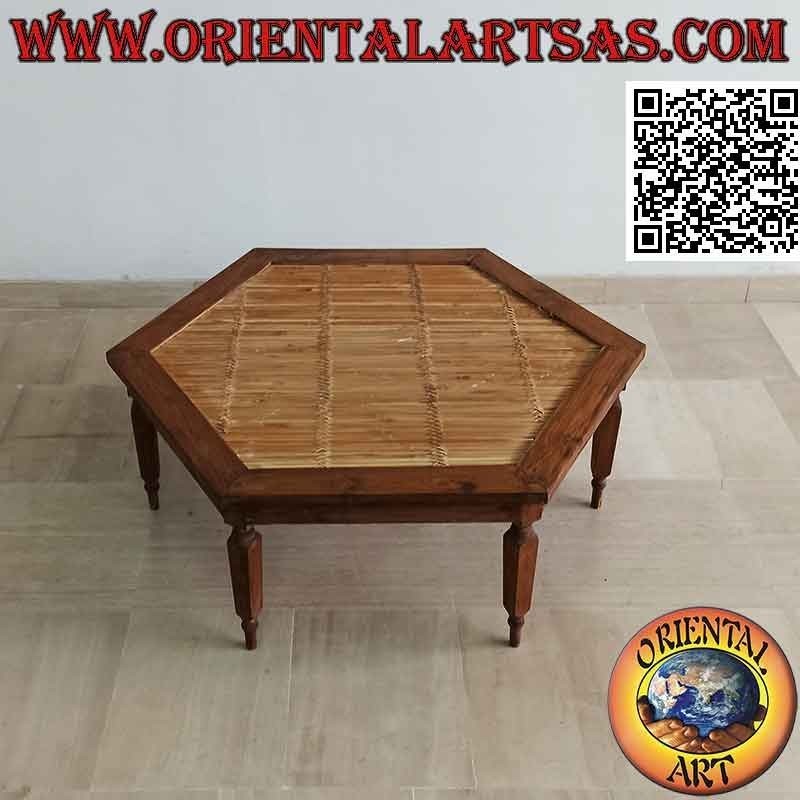 Low hexagonal coffee table in teak wood and bamboo center