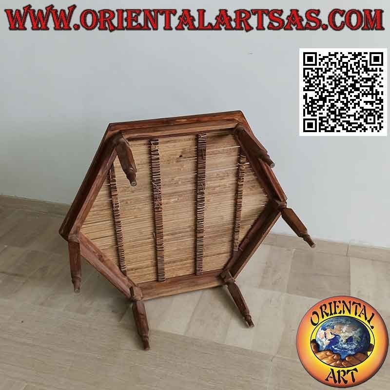 Low hexagonal coffee table in teak wood and bamboo center