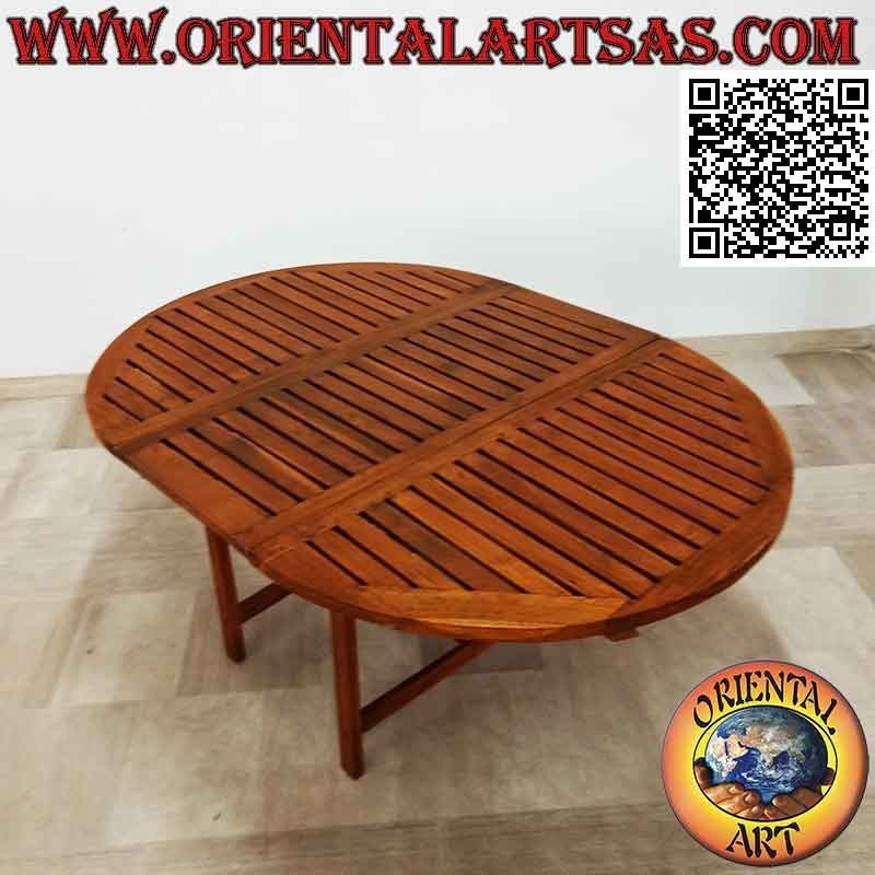 Round extendable garden table with slatted top in teak wood