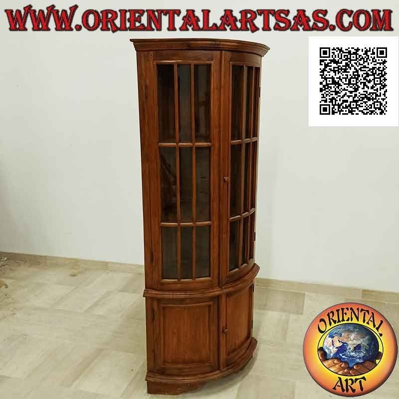 Vitrina de esquina para tartas con dos puertas (3 estantes de vidrio y 1 cerrada) en madera de teca
