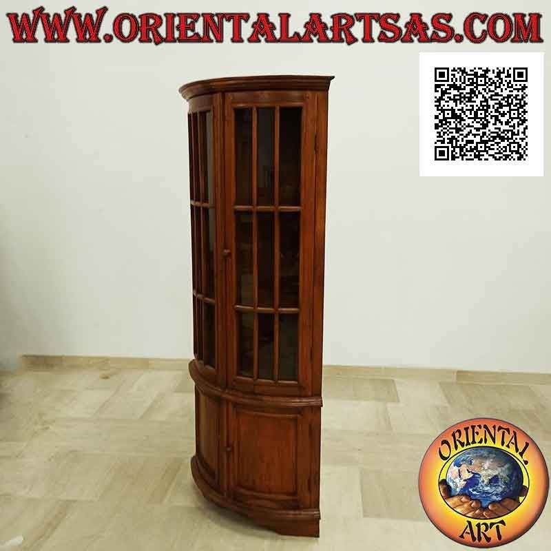 Vitrine d'angle Cake slice à deux portes (3 étagères en verre et 1 fermée) en bois de teck
