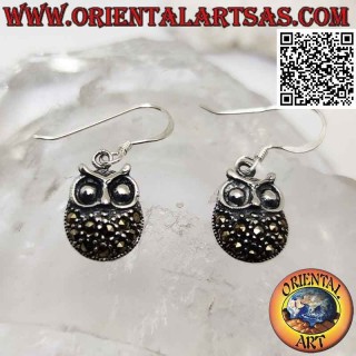 Pendientes de plata con colgante de búho regordete tachonado de marcasita