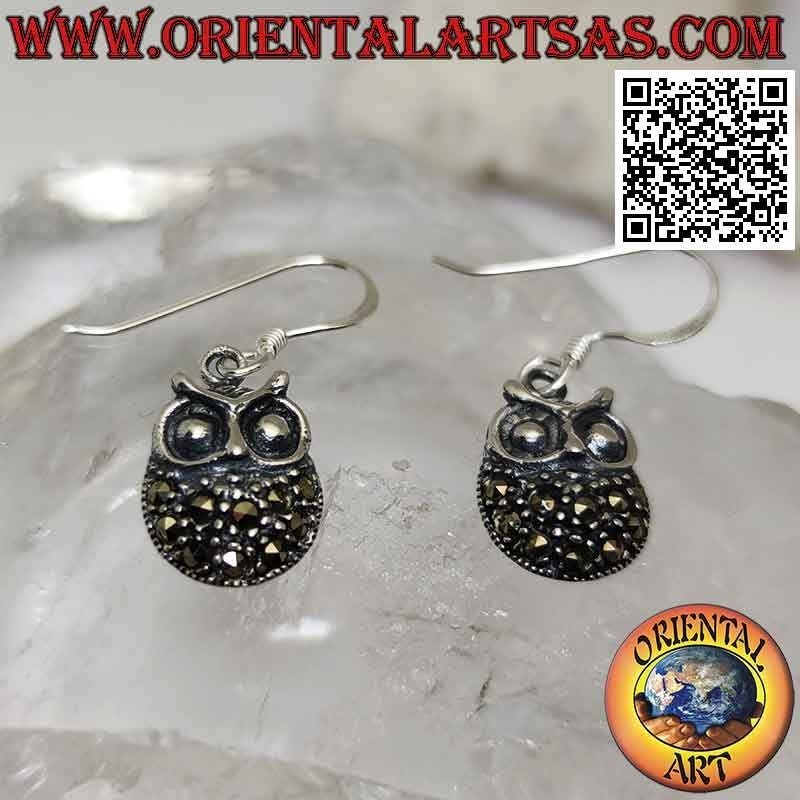 Silver earrings with plump owl pendant studded with marcasite