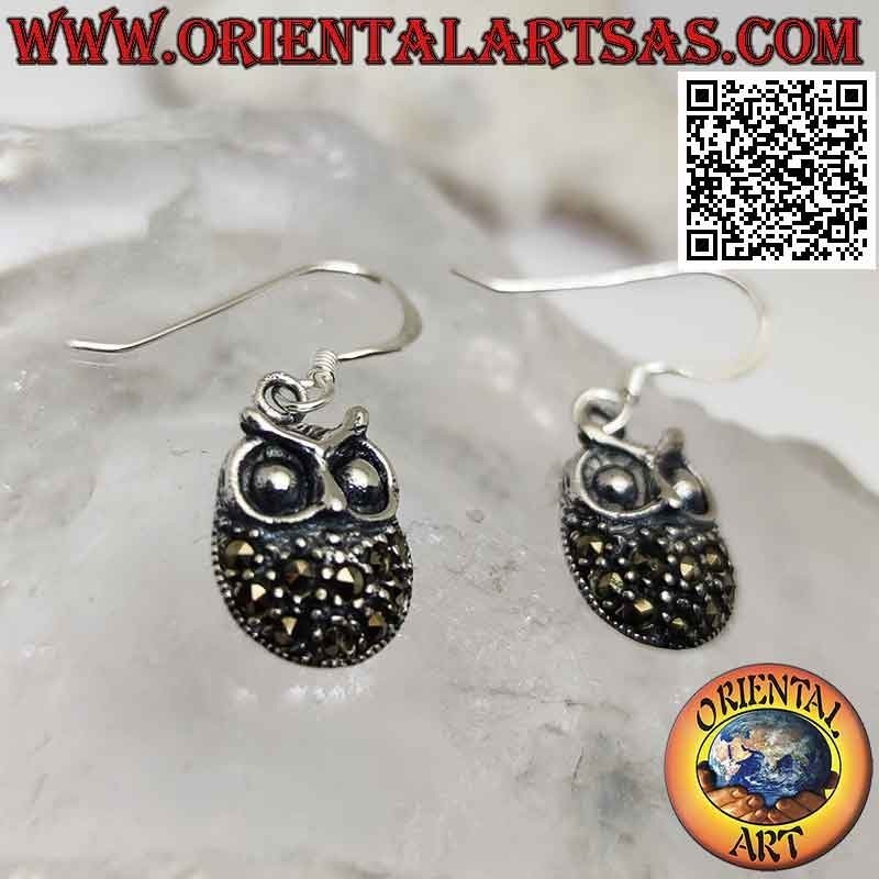 Silver earrings with plump owl pendant studded with marcasite