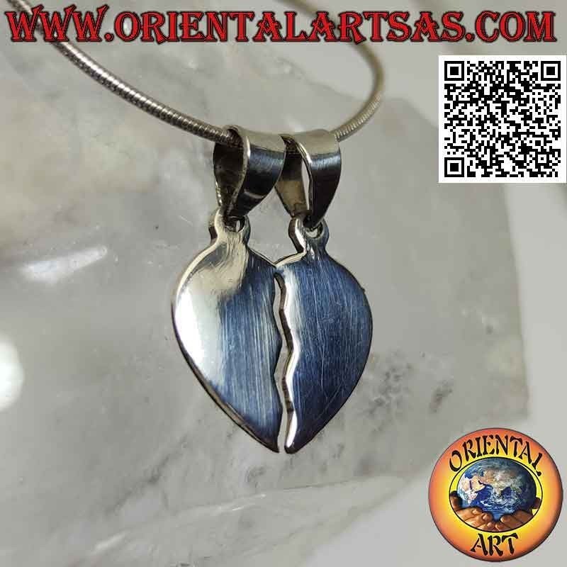 Double silver pendant, smooth broken heart "sweet half" (divided but always united)