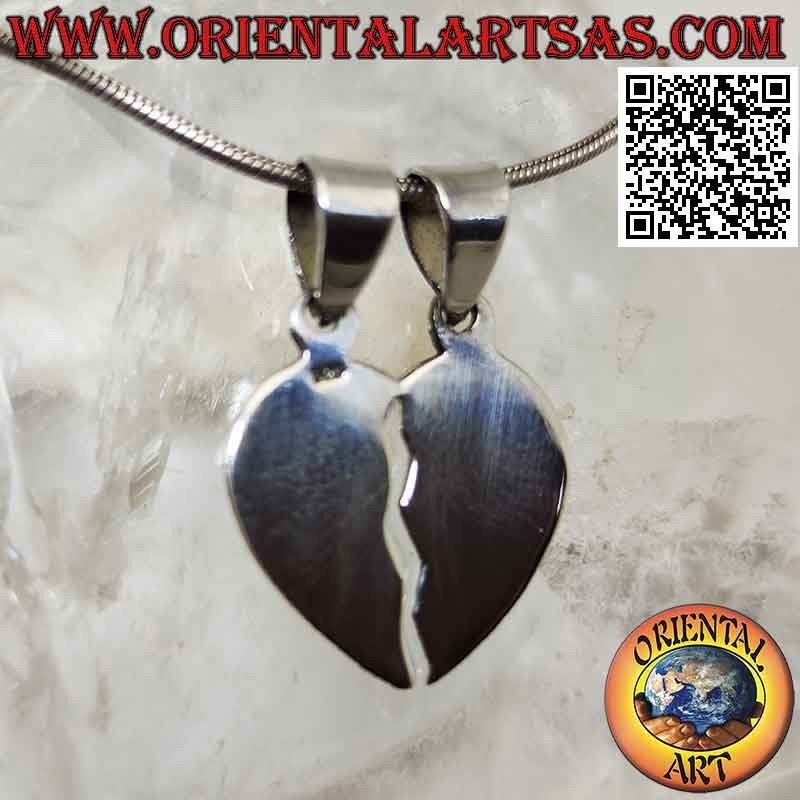 Colgante doble de plata, corazón liso y roto "dulce mitad" (dividido pero siempre unido)
