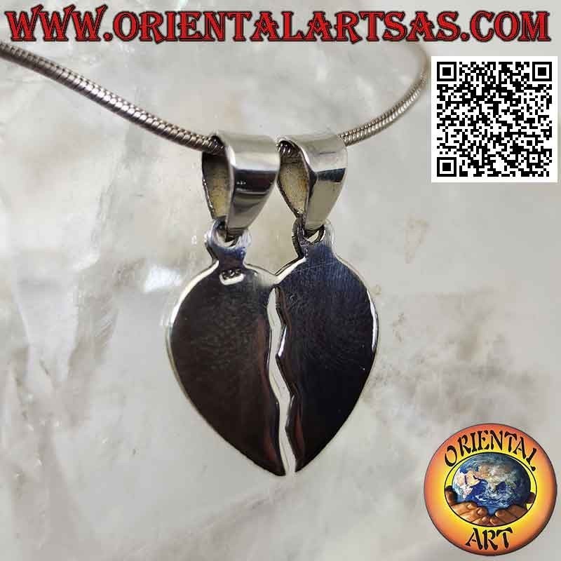 Ciondolo in argento doppio, cuore spezzato liscio "dolce metà" (divisi ma sempre uniti)