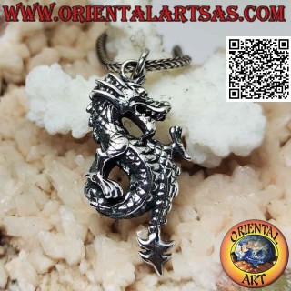 Silver pendant in the shape of a lindworm dragon in profile with a coiled tail