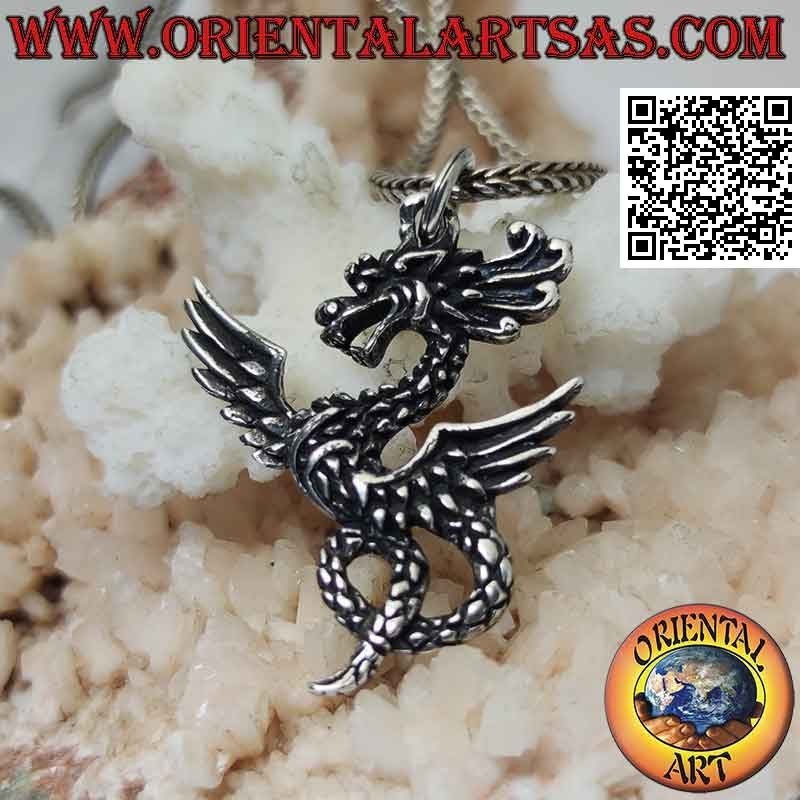 Pendentif en argent en forme de dragon amphittere tordu en pose