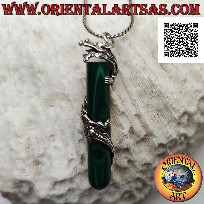 Silver dragon pendant twisted in a spiral around a synthetic malachite cylinder