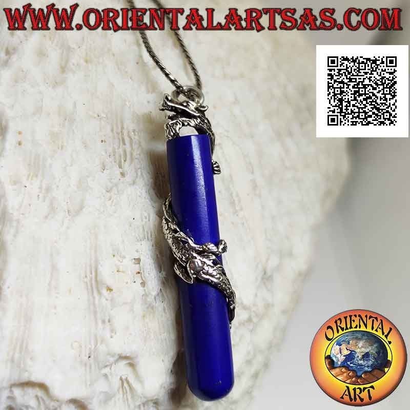 Silver dragon pendant twisted in a spiral around a synthetic sodalite cylinder
