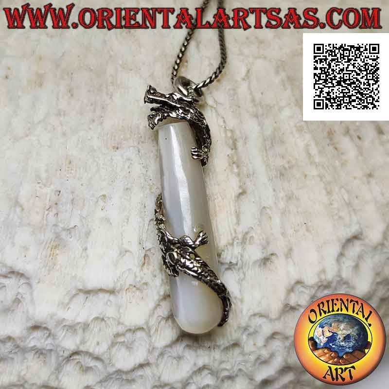 Silver dragon pendant twisted in a spiral around a mother-of-pearl cylinder