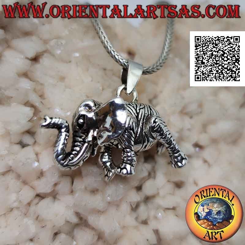Silver pendant in the shape of a three-dimensional shaped elephant, fully mobile (moves head, legs and tail)