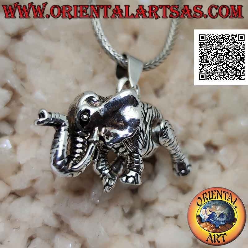 Ciondolo in argento a forma di elefante sagomato tridimensionale, completamente mobile (muove testa, zampe e coda)