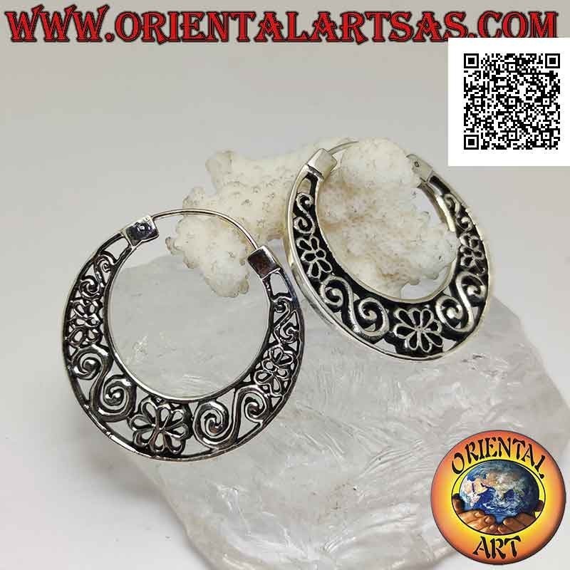 Silver earrings, 37 mm flat crescent circles with perforated decoration (greek and flowers)