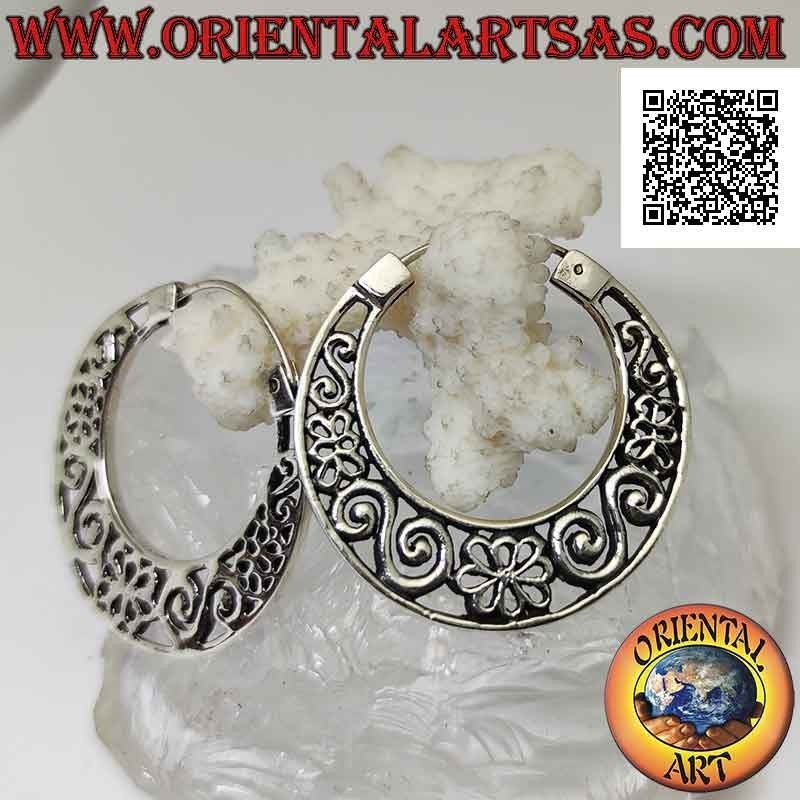 Pendientes de plata, círculos de media luna planos de 37 mm con decoración perforada (griego y flores)
