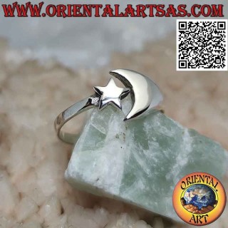 Anello in argento liscio con stella e luna vicine ma separate (regolabile)