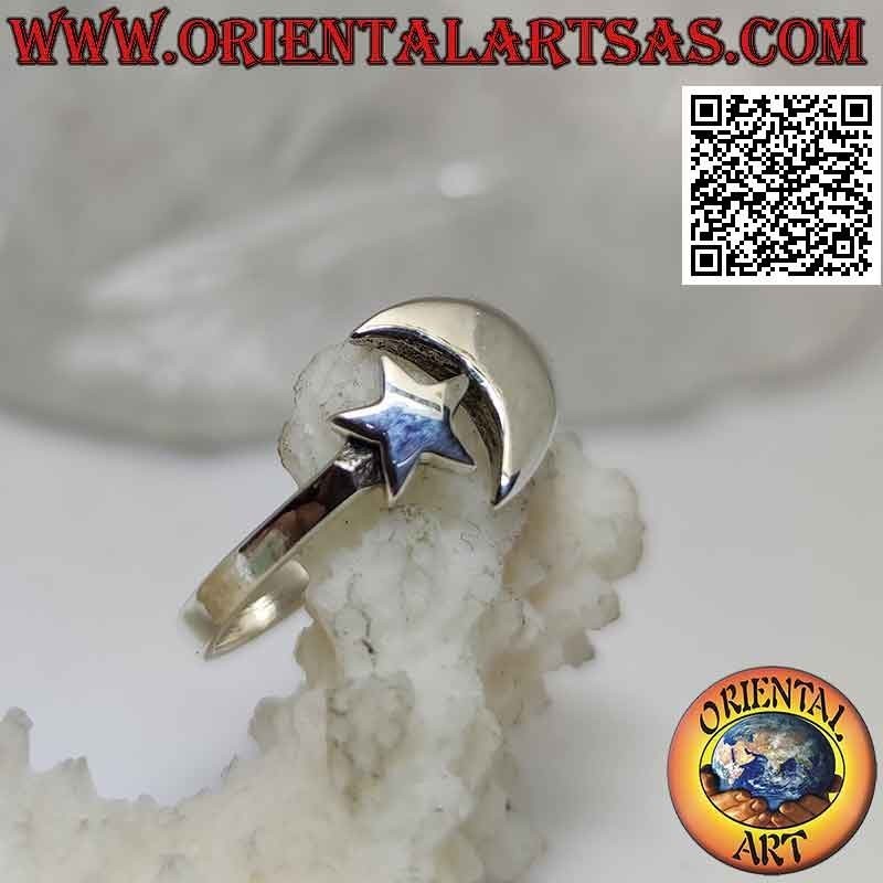 Anello in argento liscio con stella e luna vicine ma separate (regolabile)