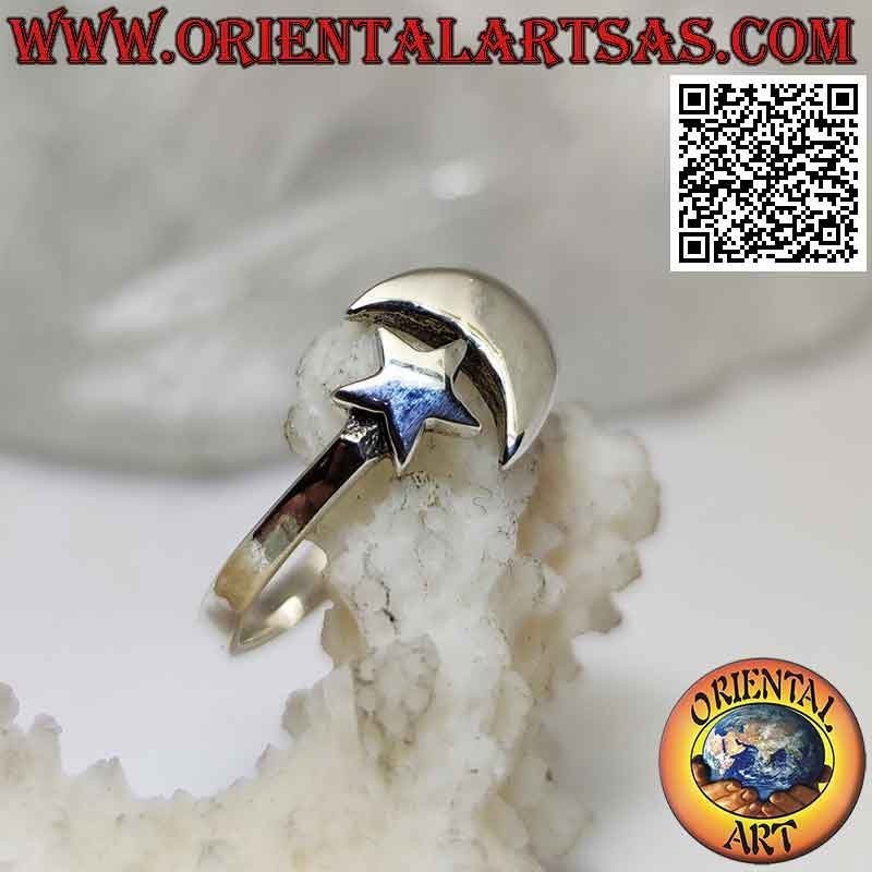Anello in argento liscio con stella e luna vicine ma separate (regolabile)
