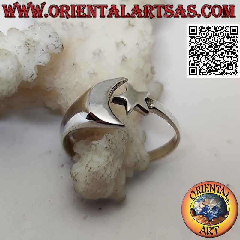 Smooth silver ring with close but separate star and moon (adjustable)