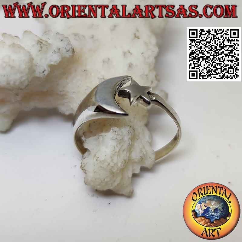 Anello in argento liscio con stella e luna vicine ma separate (regolabile)