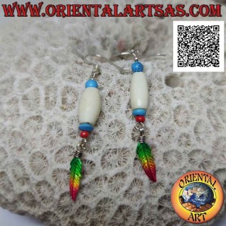 Silver earrings with white cylinder between turquoise and coral bead and rainbow enameled feather