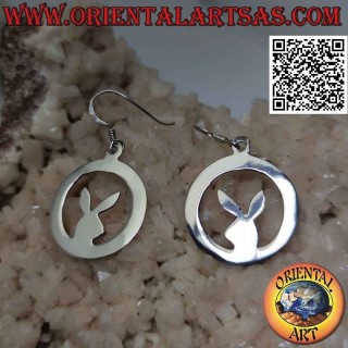 Silver leverback earrings with smooth "playboy" bunny in the circle