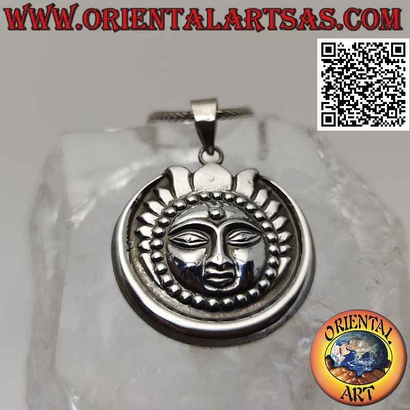 Pendentif en argent, soleil avec visage dans la lune de style népalais (Ø 30 mm)