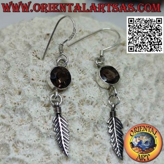 Silver earrings with faceted round smoky topaz and pendant feather
