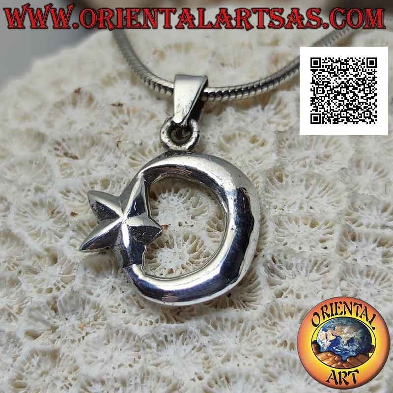 Colgante de plata lisa de doble cara, la luna creciente unida a la estrella