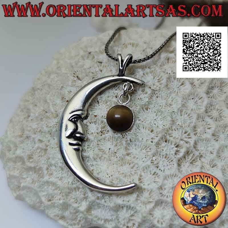Pendentif en argent, croissant avec visage en forme (grand) et pendentif oeil de tigre