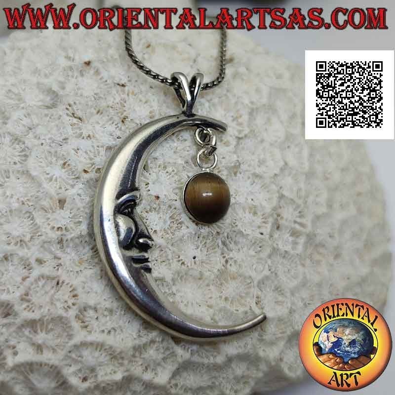 Colgante de plata, media luna con cara en forma (grande) y colgante de ojo de tigre